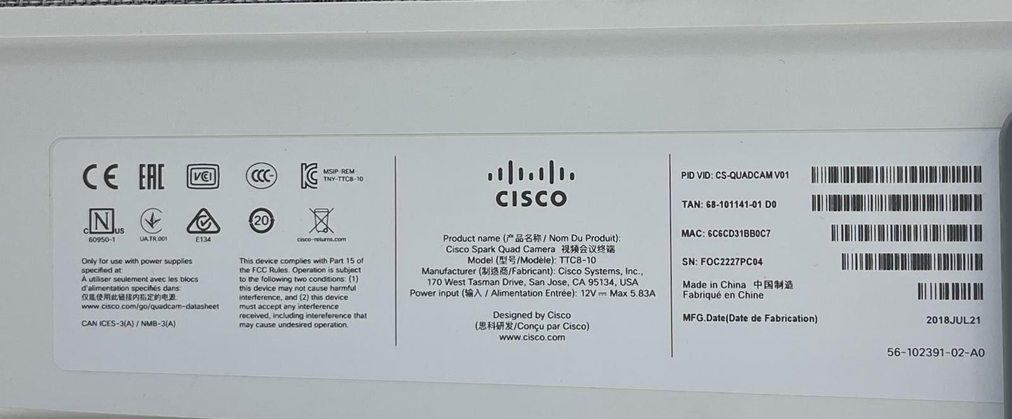 Cisco TTC8-10 Spark Webex Conference Room Quad Camera CS-QUADCAM v01