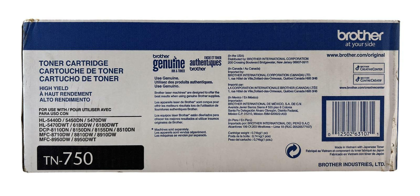 NEW - Genuine Brother TN-750 Black 8000 Page High Yield Toner Cartridge