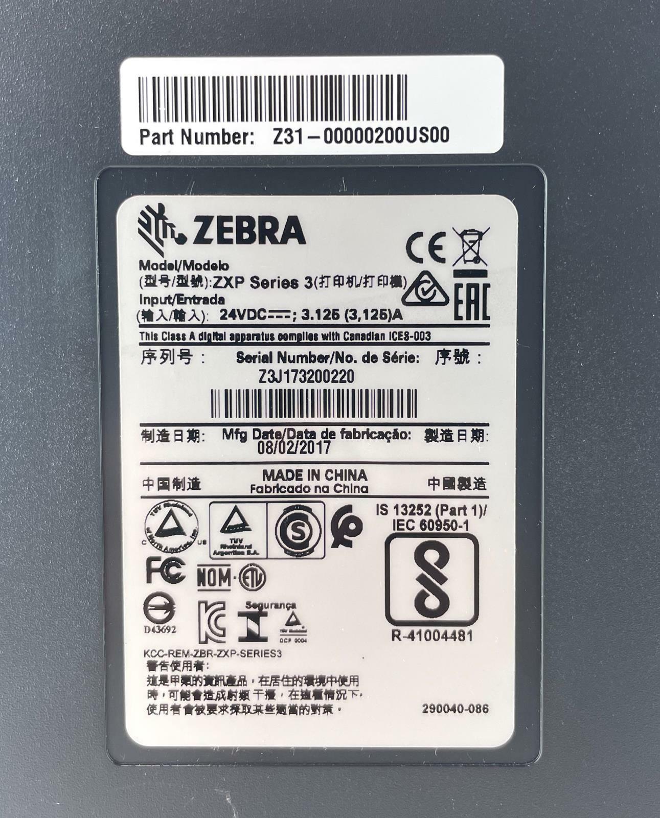 Zebra ZXP Series 3 Thermal ID Card Badge Printer - No AC - READ