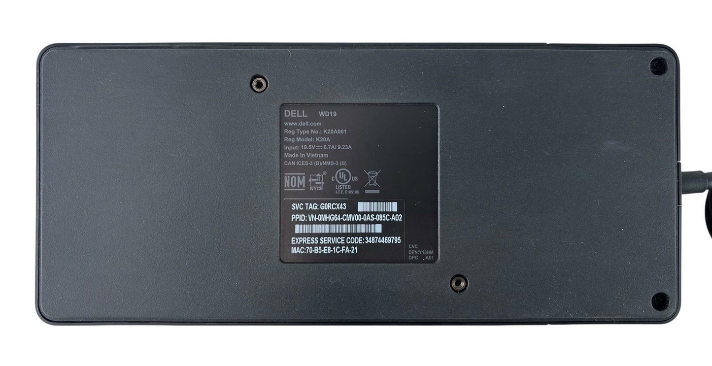 Dell Dock WD19 K20A USB-C Docking Station No AC - READ