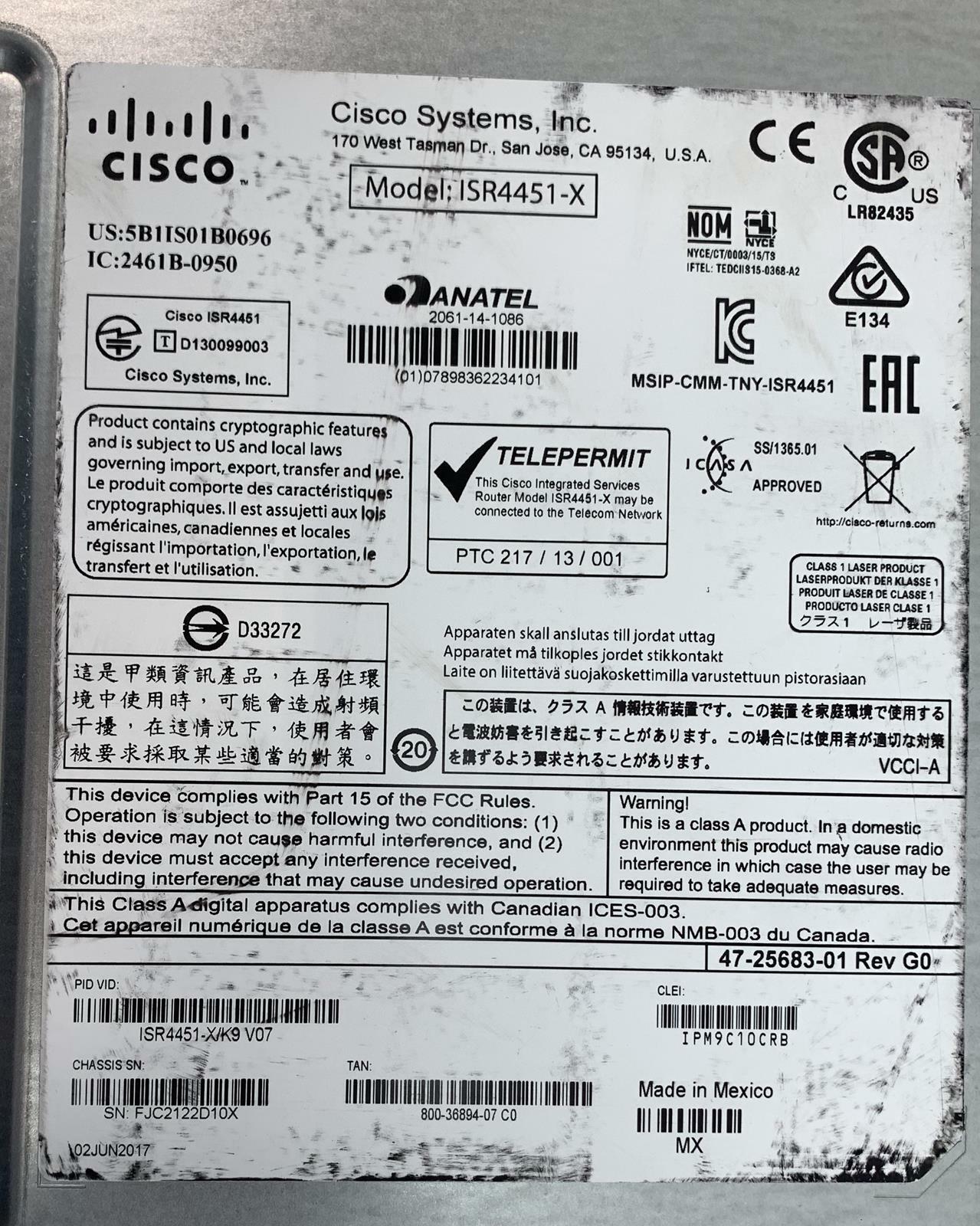 Cisco ISR4451-X/K9 V07 4400 Series Integrated Services Router w/ SM-X-ES3-16P