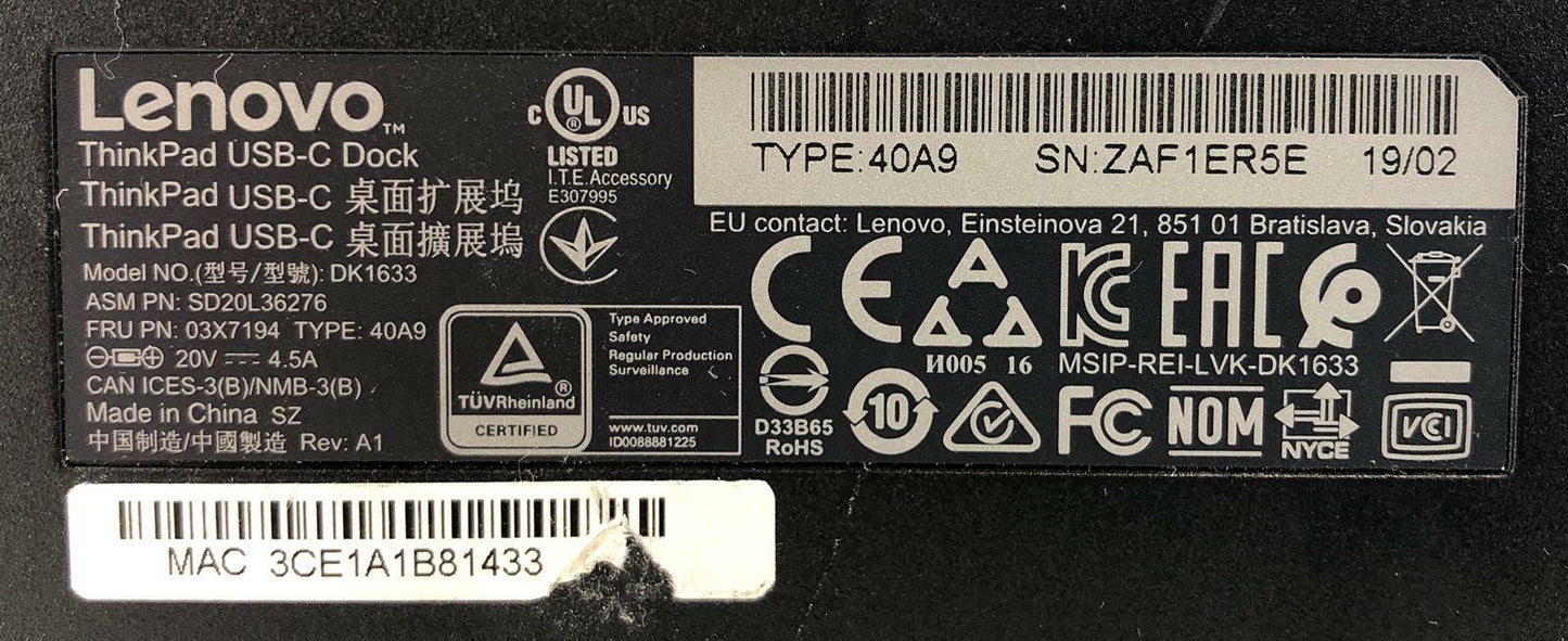 Lenovo DK1633 ThinkPad USB-C Universal Docking Station - No AC
