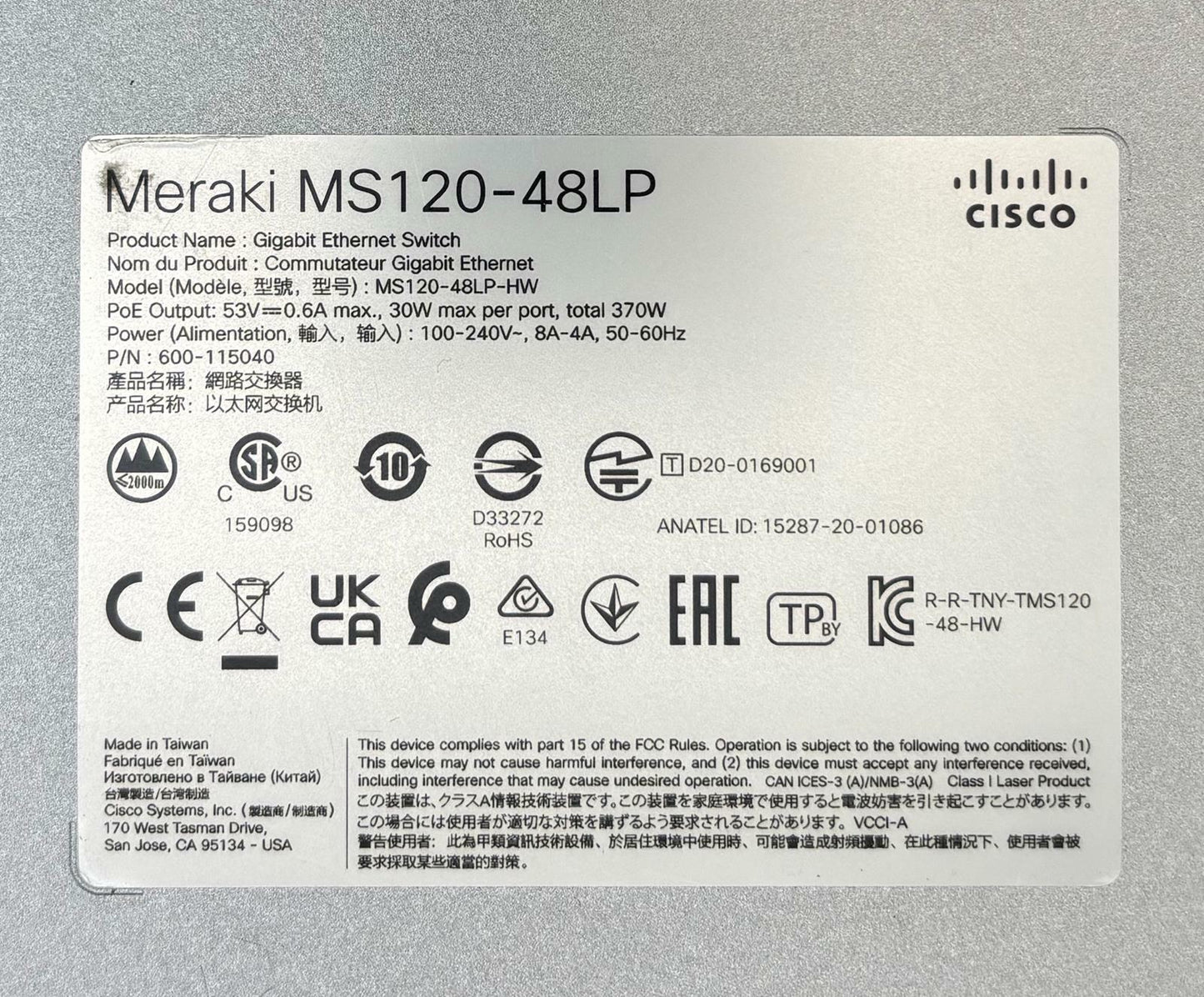 Cisco Meraki MS120-48LP 48-Port PoE Managed Gigabit Ethernet Switch - Unclaimed