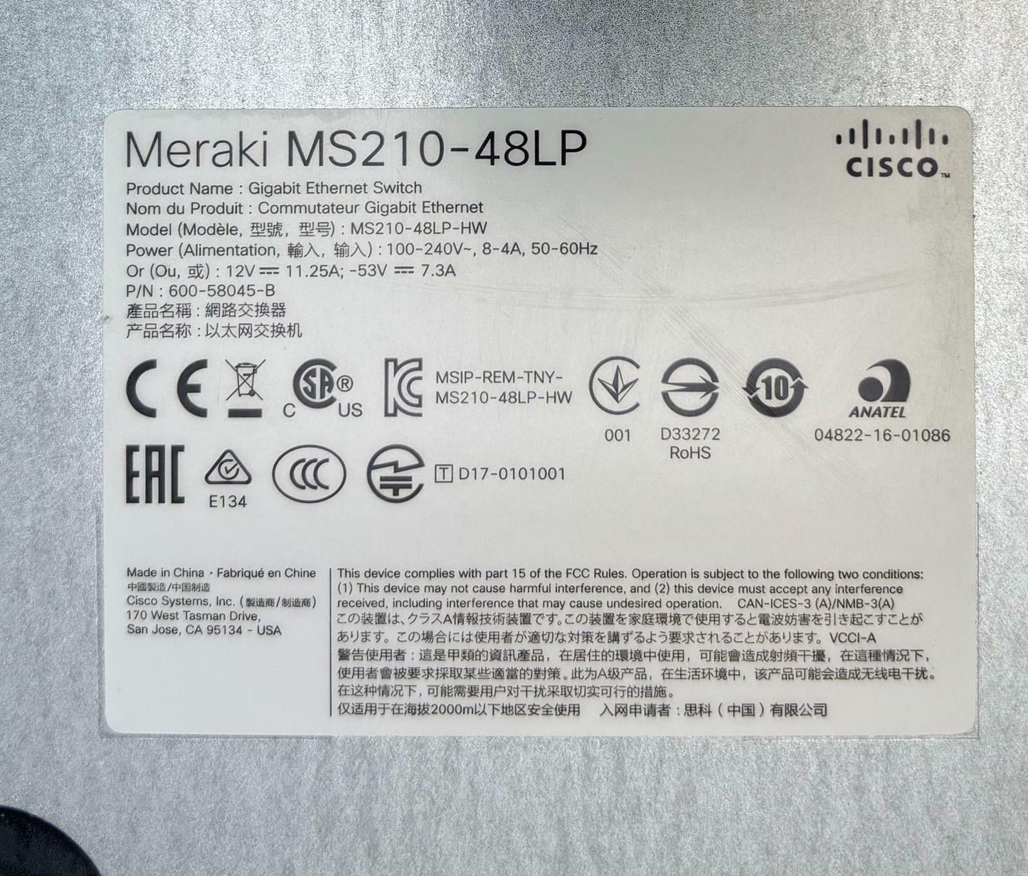 Cisco Meraki MS210-48LP 48-Port Low Power PoE Gigabit Ethernet Switch Unclaimed