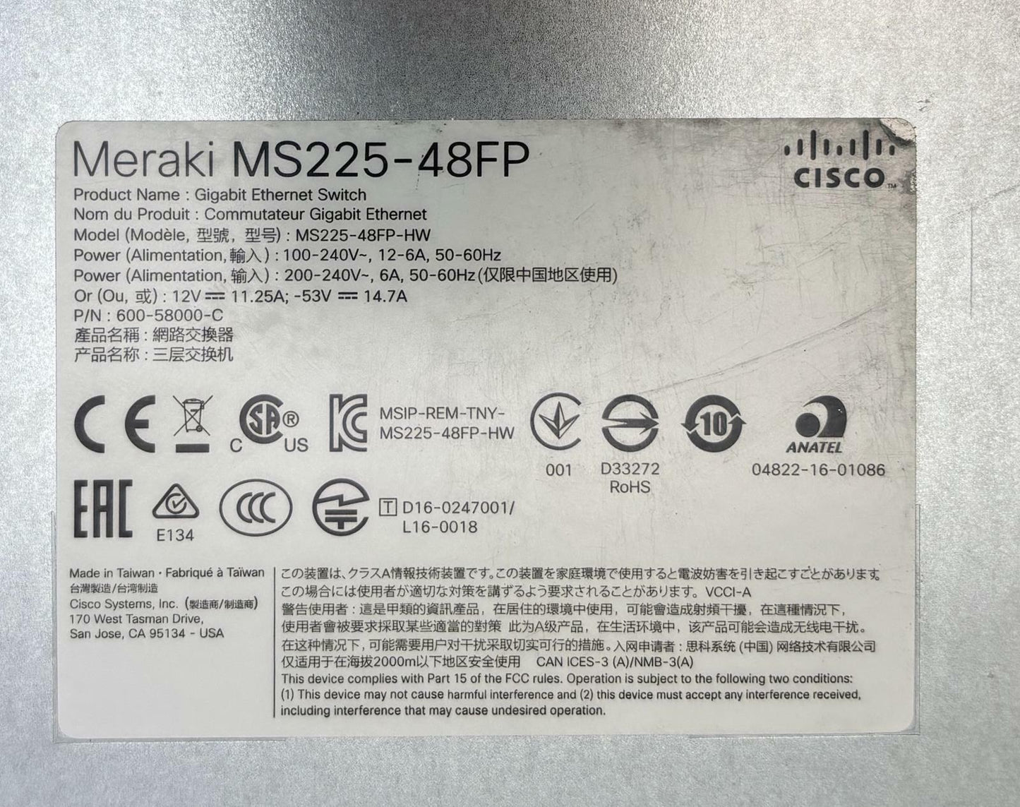 Cisco Meraki MS225-48FP 48-Port PoE Gigabit Ethernet Switch 4x SFP - Unclaimed