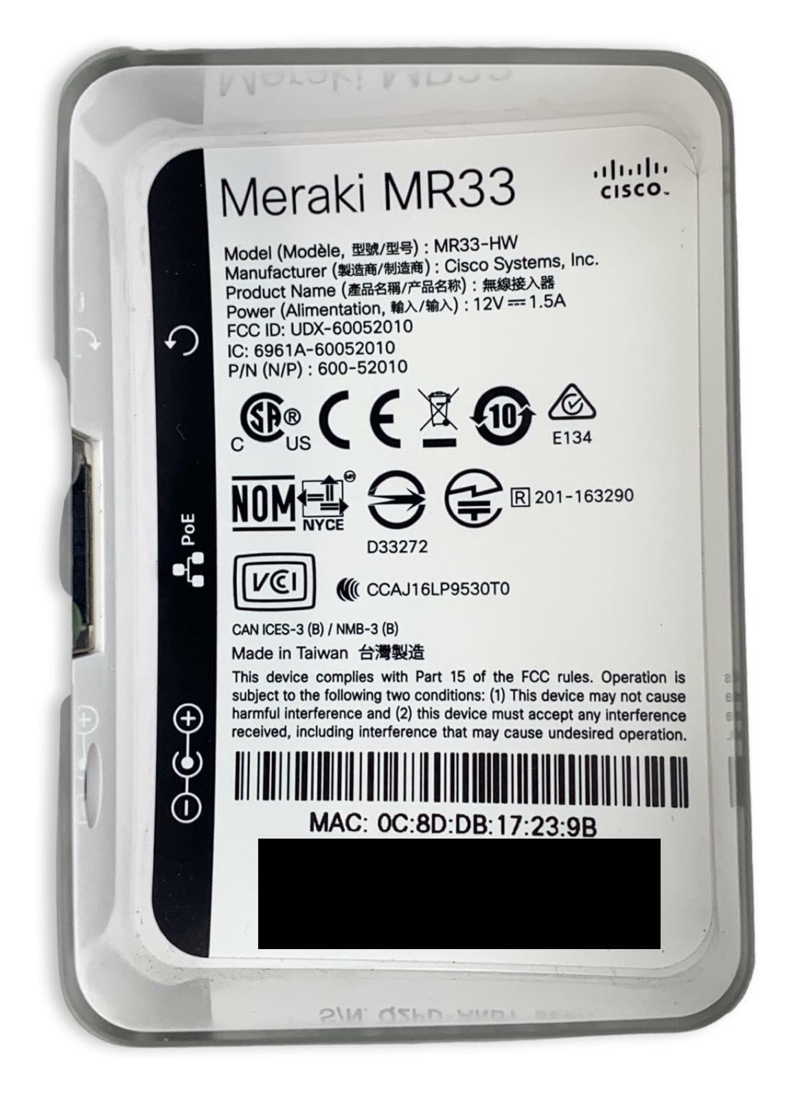 Cisco Meraki MR33 Cloud Managed Wireless Access Point - Unclaimed