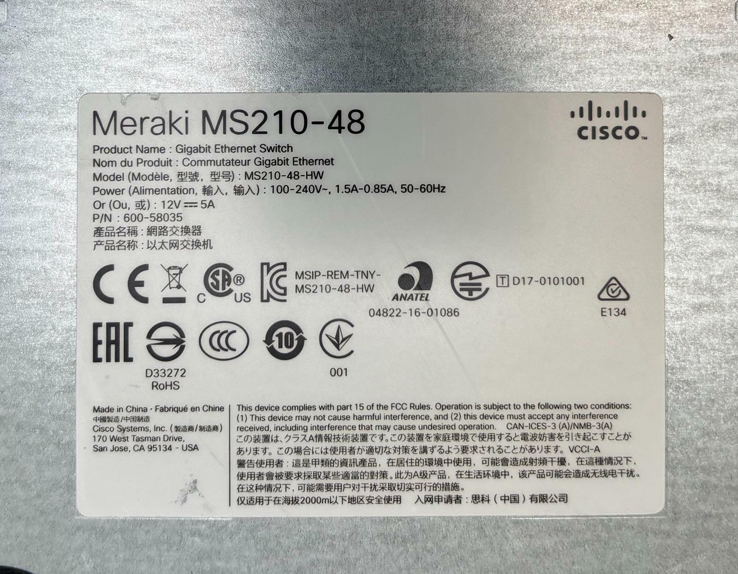 Cisco Meraki MS210-48 48-Port Non-PoE Gigabit Ethernet Network Switch