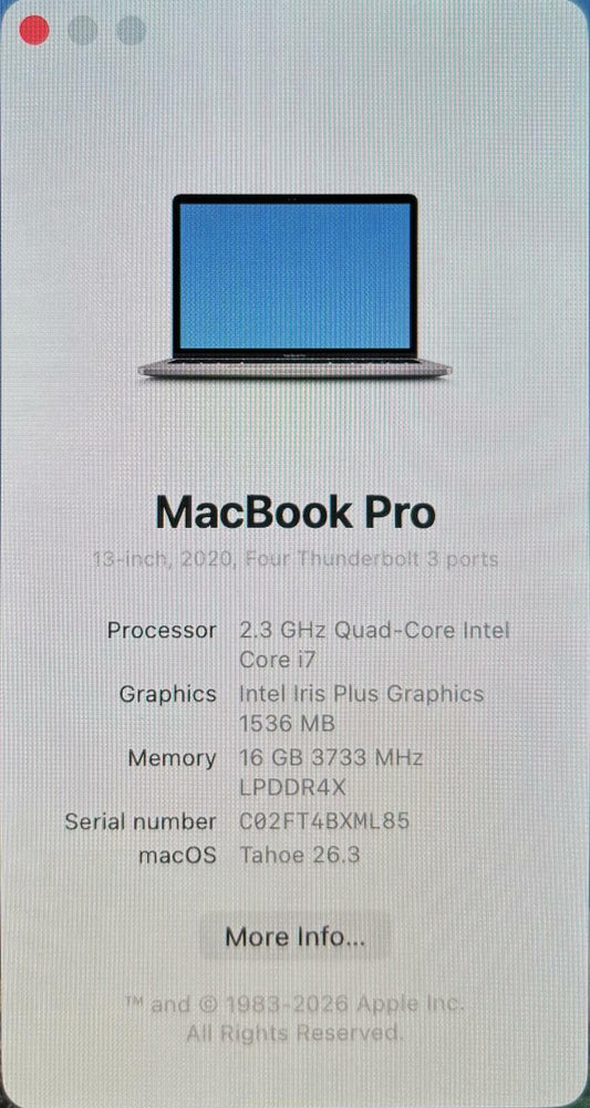 Apple MacBook Pro A2251 2020 Quad Core i7-1068NG7 512GB SSD 16GB RAM #214780
