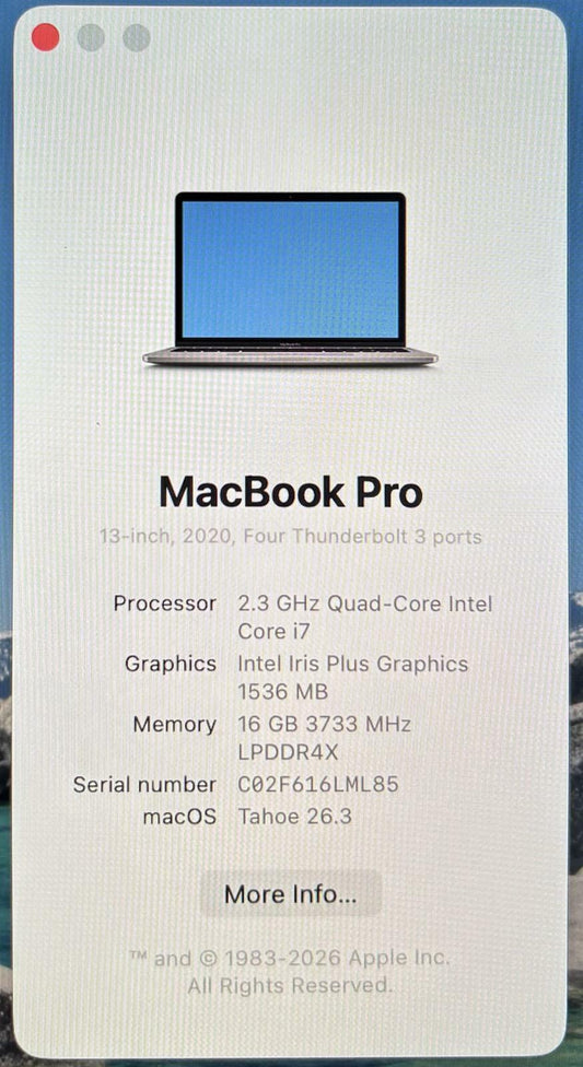 Apple MacBook Pro 13" A2251 2020 Quad Core i7-1068NG7 512GB SSD 16GB RAM #214797