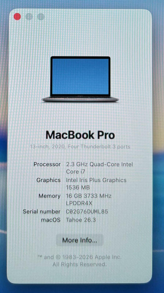 Apple MacBook Pro A2251 2020 13" Quad Core i7-1068NG7 512GB SSD 16GB RAM #214794