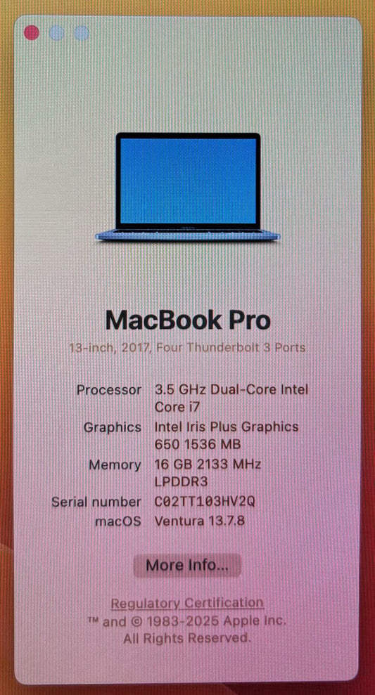 Apple MacBook Pro 13" A1706 2017 Dual Core i7-7567U 256GB SSD 16GB RAM #217399