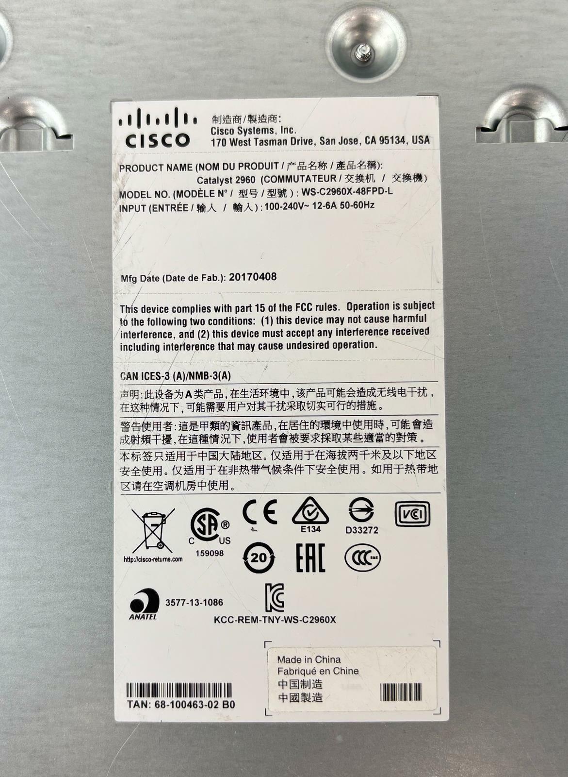 Cisco WS-C2960X-48FPD-L V06 48-Port PoE+ 2x SFP+ Managed Gigabit Switch