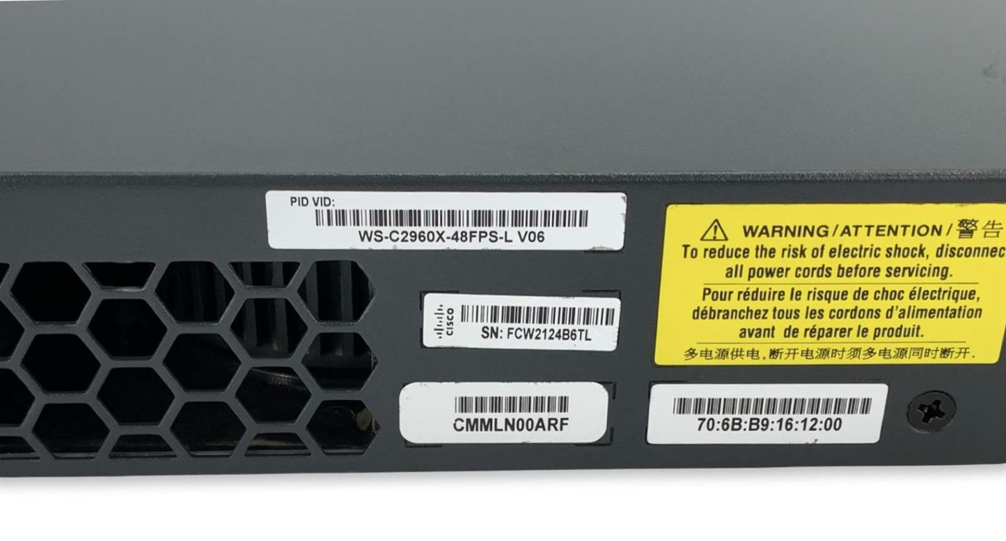 Cisco Catalyst WS-C2960X-48FPS-L V06 48-Port Gigabit PoE Ethernet Switch