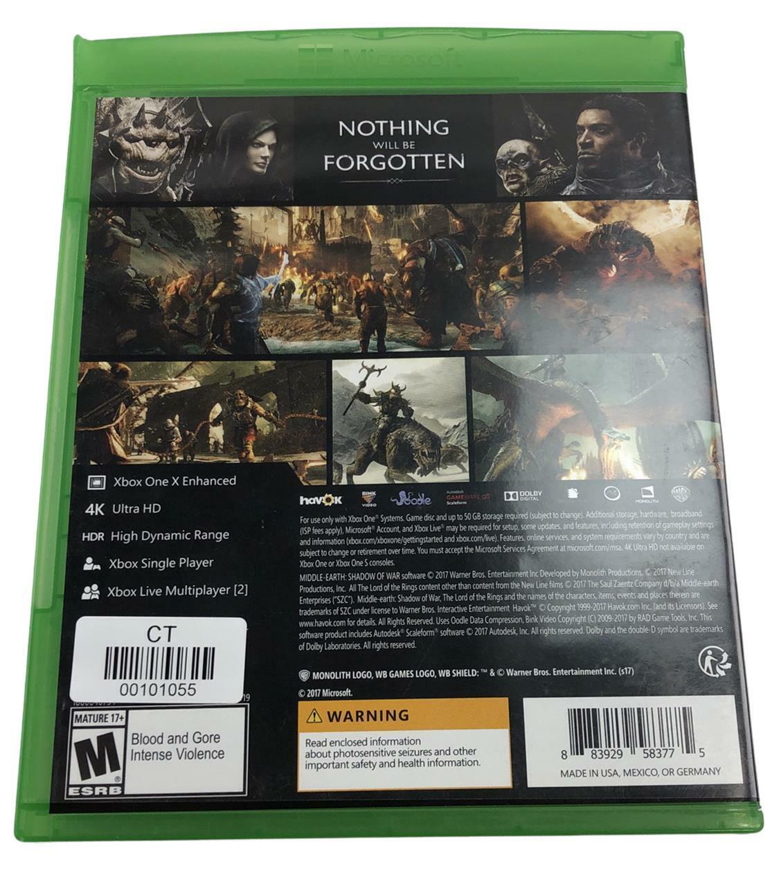 Microsoft XBox One - Middle Earth: Shadow of War - Action / Adventure Video Game