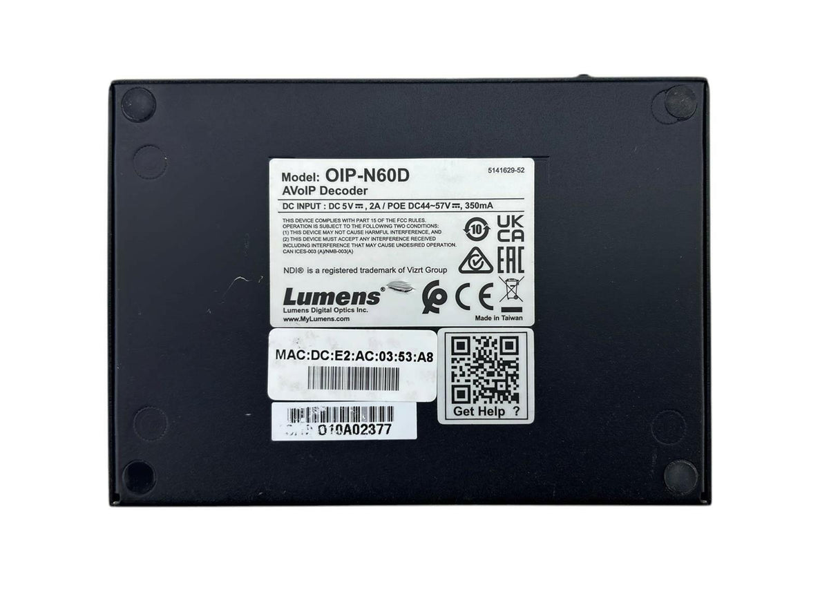 Lumens Digital Optics OIP-N60D 4K NDI HX AVoIP Decoder OIP Bridge