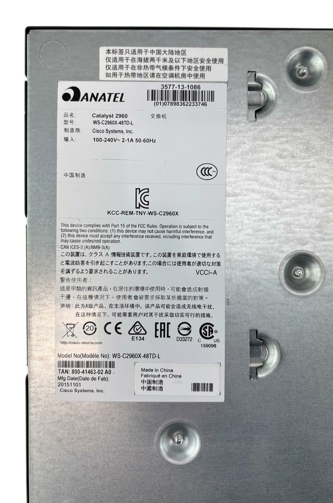Cisco WS-C2960X-48TD-L V04 Catalyst 2960-X Series 48-Port Gigabit Network Switch