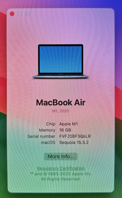Apple MacBook Air 13" A2337 2020 2.10GHz 8-Core M1 256GB SSD 16GB RAM #226860