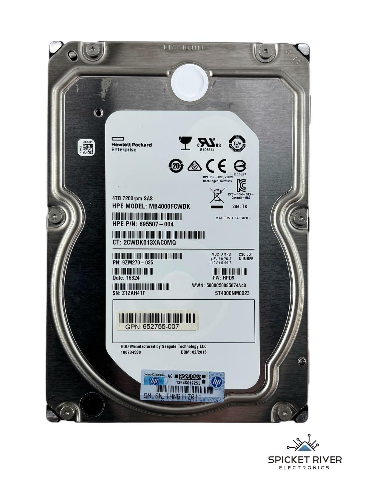 HP Enterprise MB4000FCWDK 4TB SAS 7.2K RPM 3.5" HDD Hard Drive ST4000NM0023