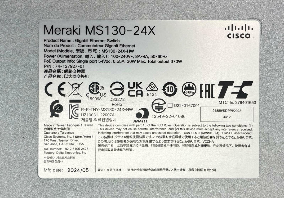 Cisco Meraki MS130-24X 24-Port PoE+ 4x SFP+ Managed Network Switch - Unclaimed
