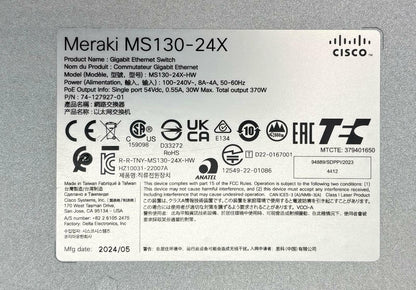 Cisco Meraki MS130-24X 24-Port PoE+ 4x SFP+ Managed Network Switch - Unclaimed