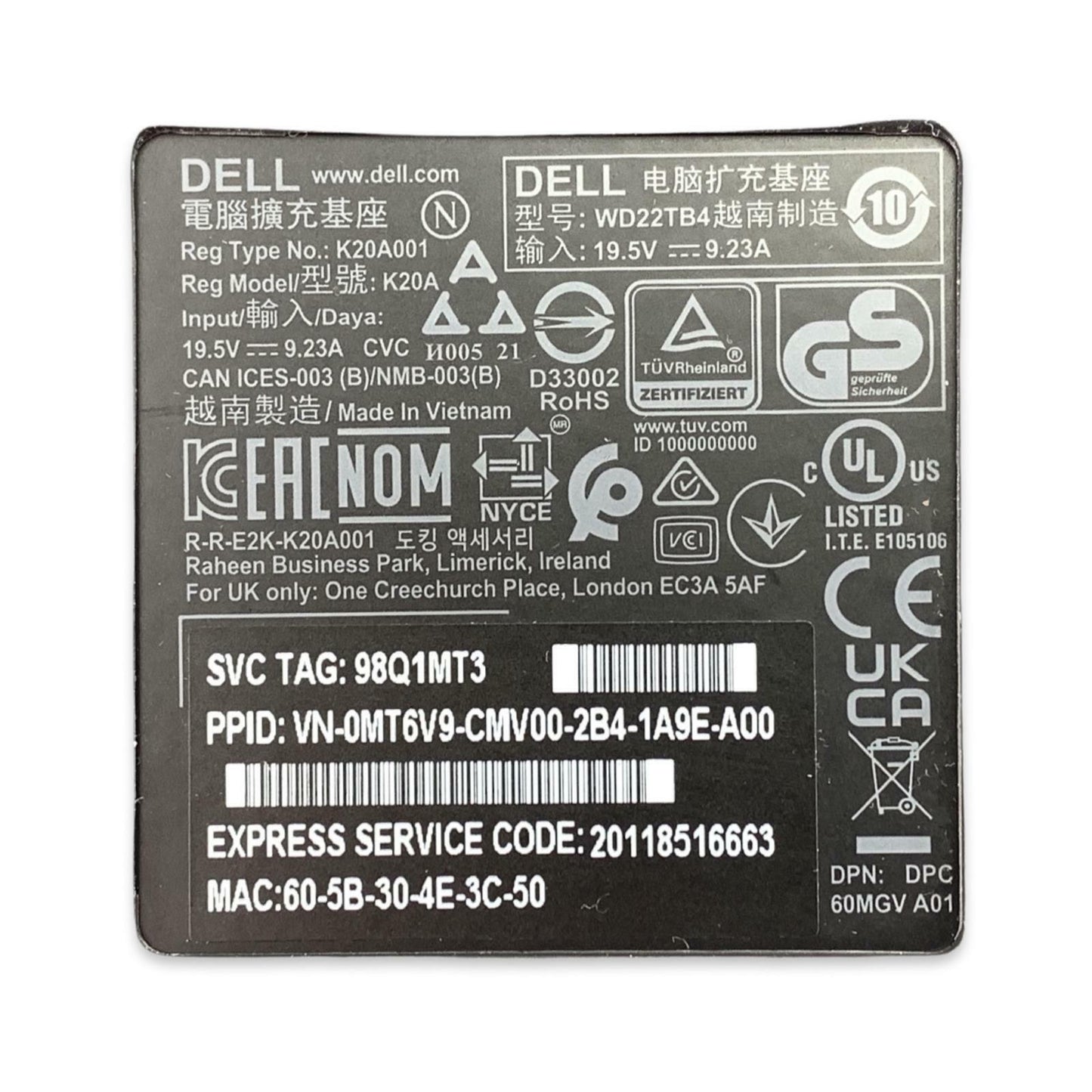 Dell WD22TB4 K20A Thunderbolt 4 USB-C Docking Station - No AC Adapter