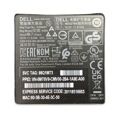 Dell WD22TB4 K20A Thunderbolt 4 USB-C Docking Station - No AC Adapter