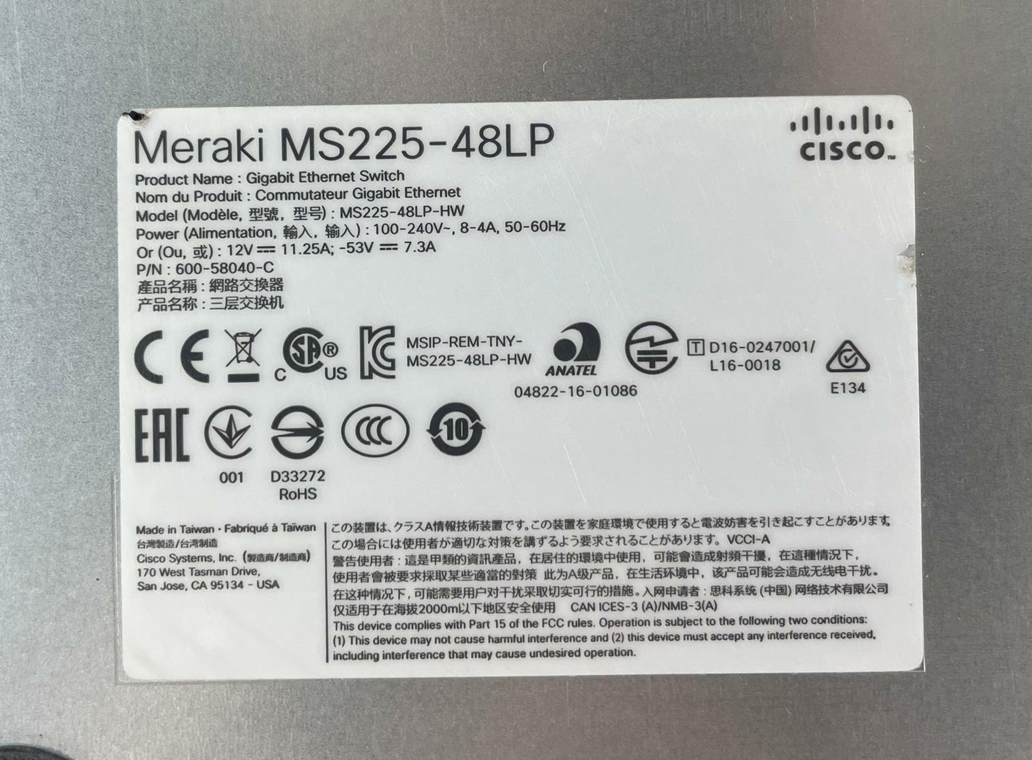 Cisco Meraki MS225-48LP Gigabit Network Switch 48x 1Gb PoE 4x10Gb SFP+ Unclaimed
