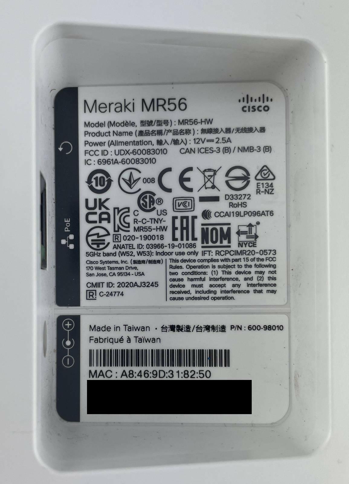 Cisco Meraki MR56 Unclaimed Multigigabit Ethernet WiFi 6 Wireless Access Point