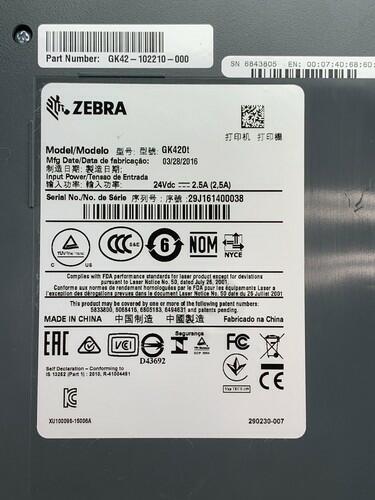 Zebra GK420T Direct Transfer Thermal Barcode Shipping Label Printer - No AC