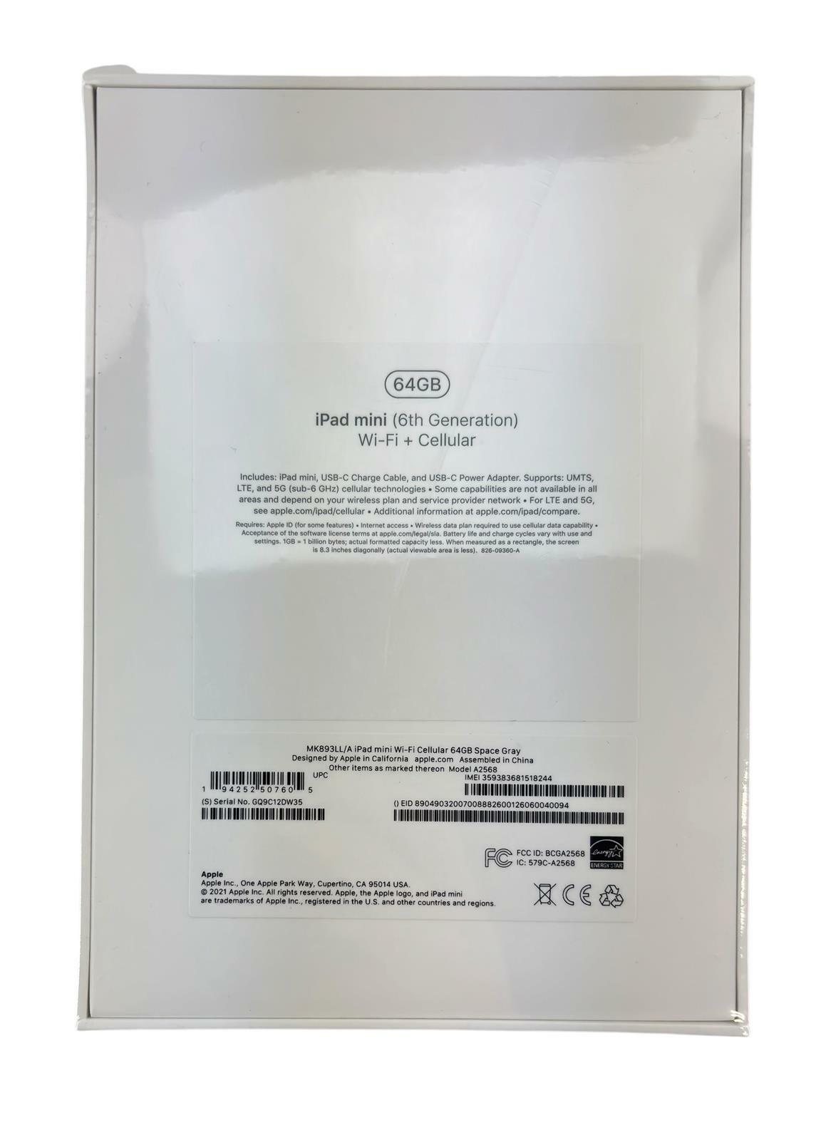 NEW - Apple iPad Mini 6th Gen. (A2568) - 8.3" 64GB Wi-Fi + Cellular - Space Gray