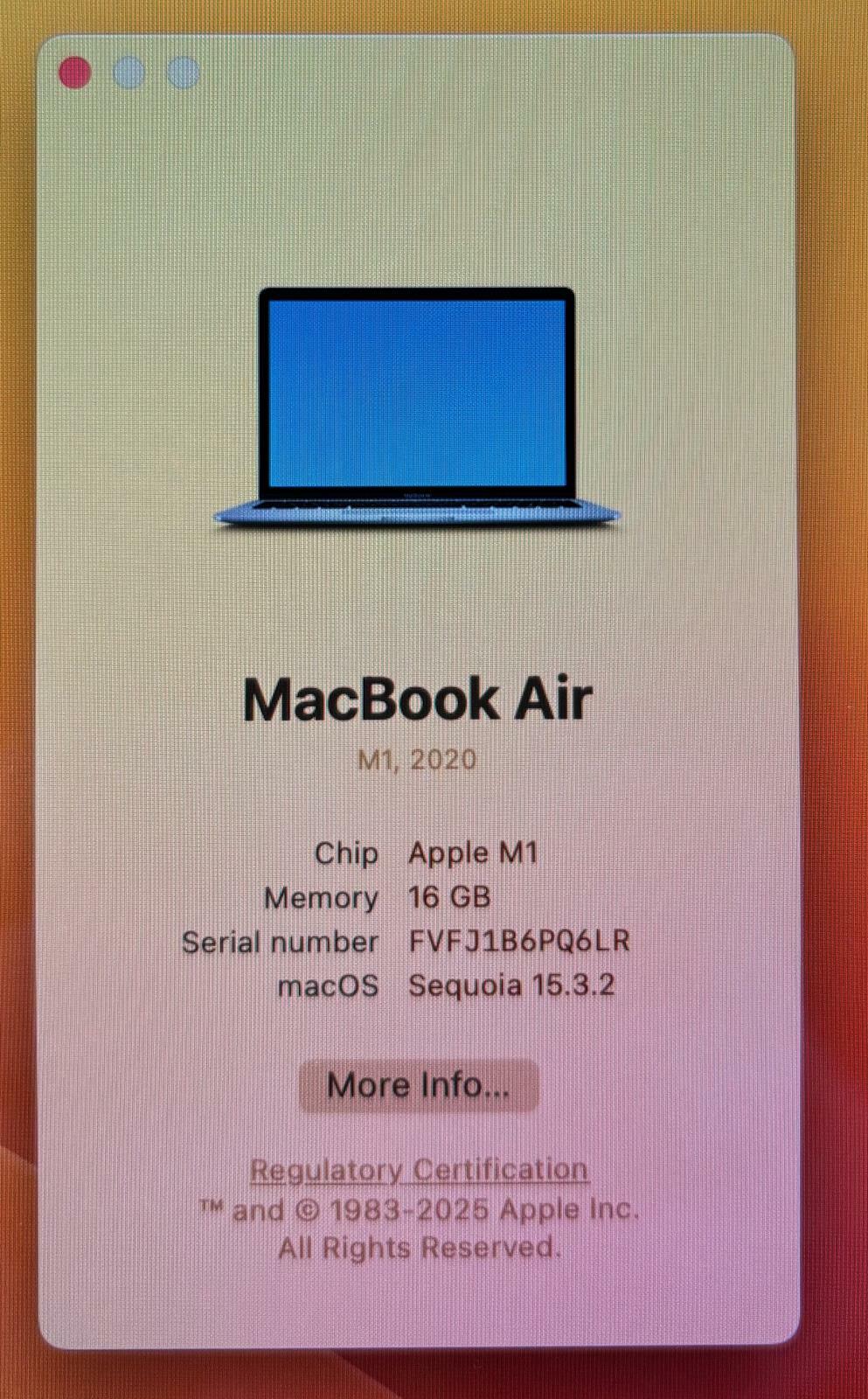 Apple MacBook Air A2337 2020 2.10GHz 13" 8-Core M1 256GB SSD 16GB RAM #226855