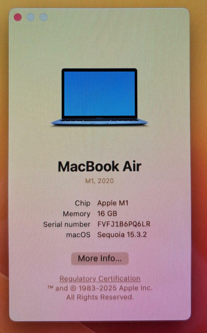 Apple MacBook Air A2337 2020 2.10GHz 13" 8-Core M1 256GB SSD 16GB RAM #226855