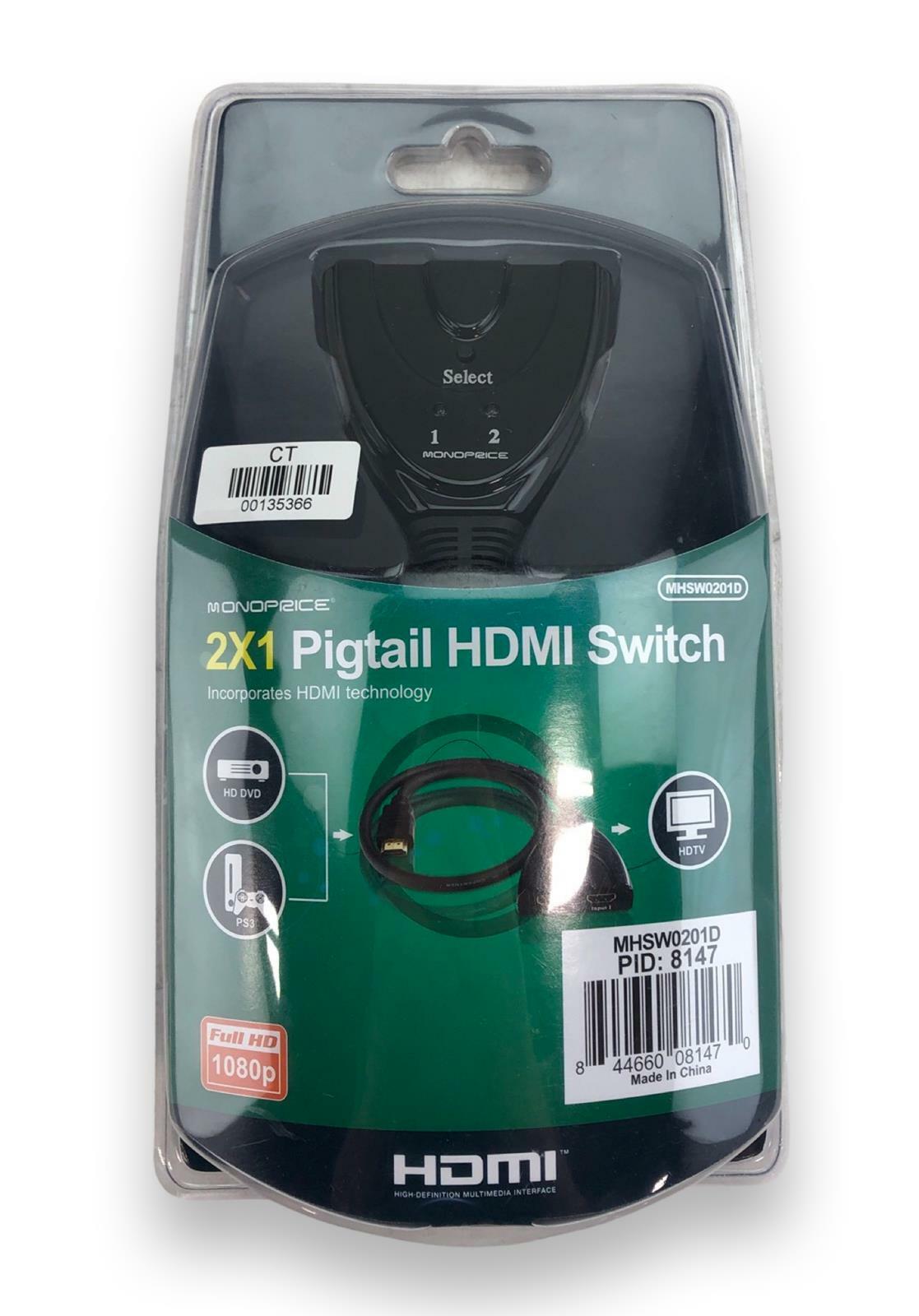 NEW - Monoprice MHSW0201D 2x1 Pigtail HDMI Switcher 1080p Full HD