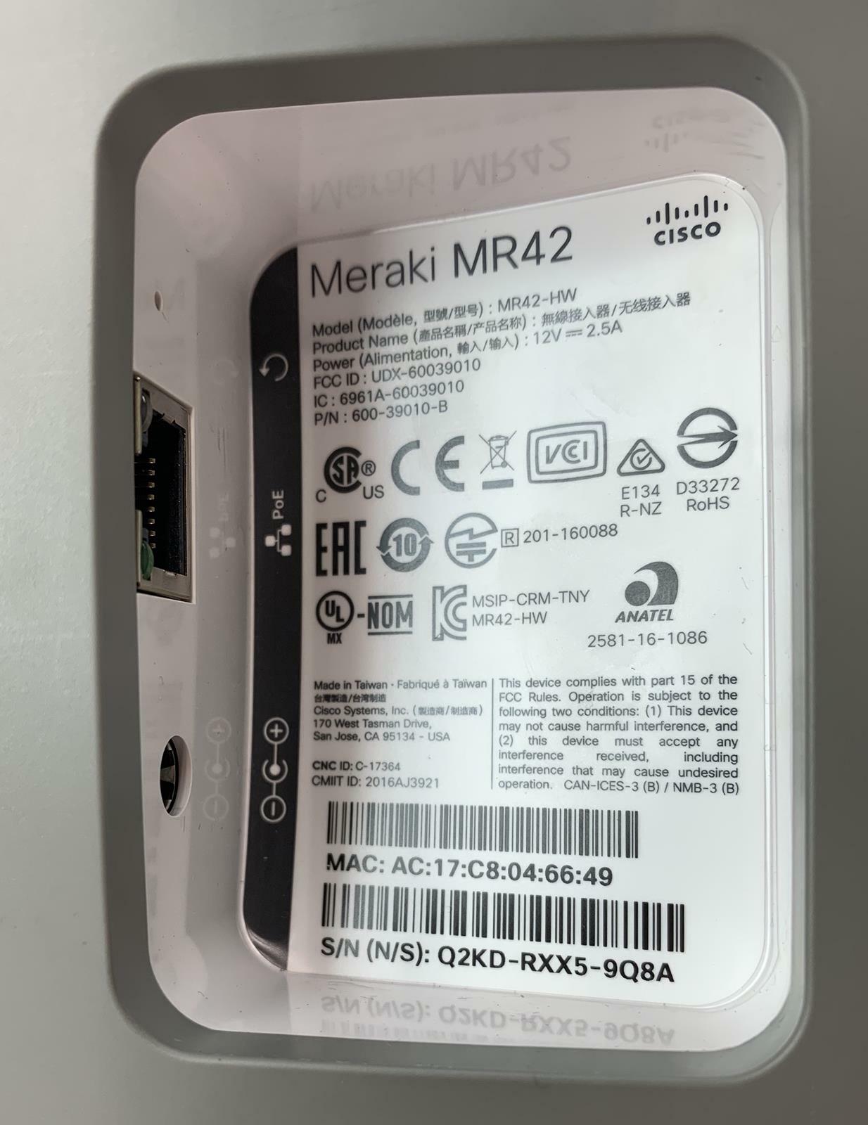 Cisco Meraki MR42 Cloud Managed Wireless Access Point - Unclaimed