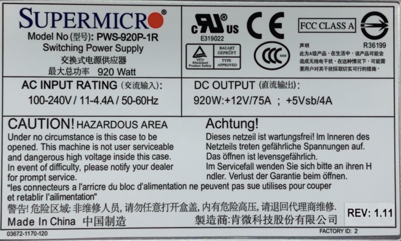 Supermicro PWS-920P-1R 920W 1U Power Supply 80 Plus Platinum PSU