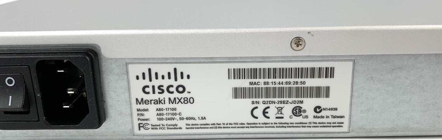 Cisco Meraki MX80 Cloud Managed Security Appliance Firewall Router - Unclaimed