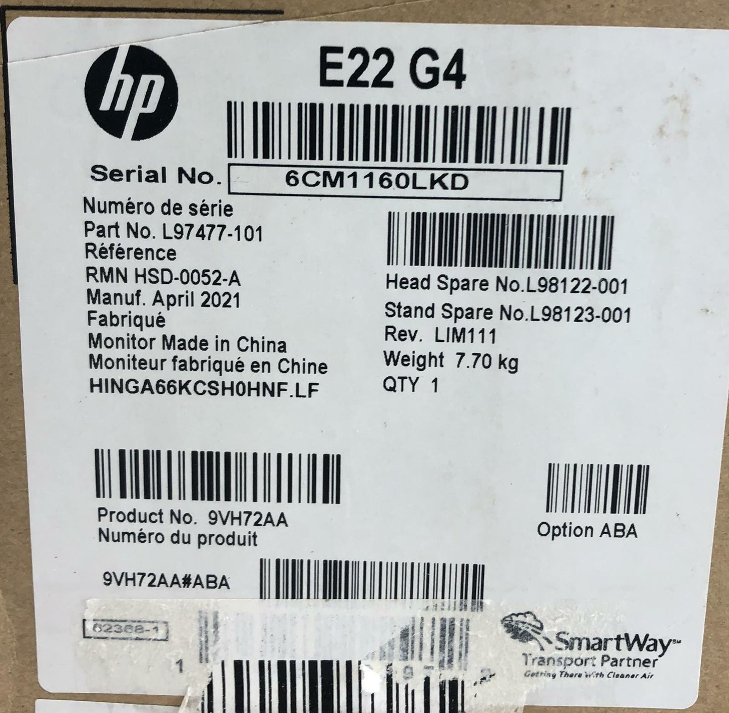 NEW - Open Box - HP E22 G4 21.5" Backlit 1920x1080 FHD LCD Monitor LED Display