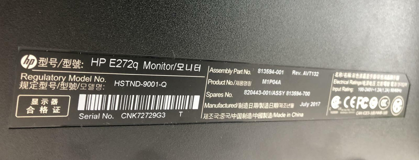 HP EliteDisplay E272Q 27" Widescreen 2560x1440 IPS LED Display Monitor