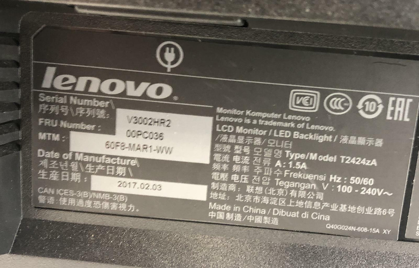 Lenovo ThinkVision T2424zA LED Backlit 24" FHD Display LCD Monitor