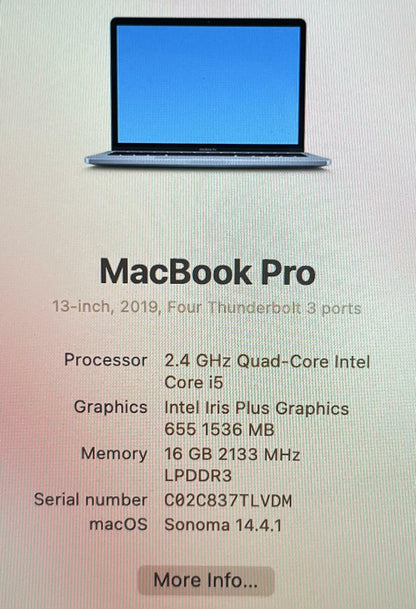 Apple MacBook Pro A1989 2019 Quad i5-8279U 2.40GHz 512GB SSD 16GB RAM #150651
