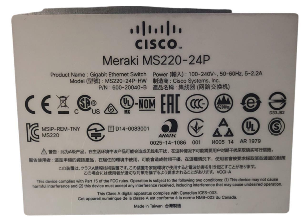 Cisco Meraki MS220-24P-HW 24-Port Cloud Managed Network Switch - Unclaimed