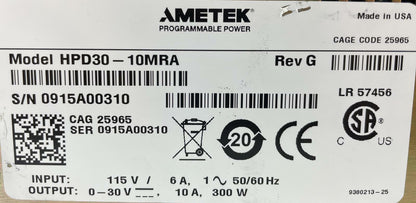 Xantrex HPD 30-10MRA Regulated DC Power Supply 115V 6A 50/60Hz 0-30V, 10A 300W