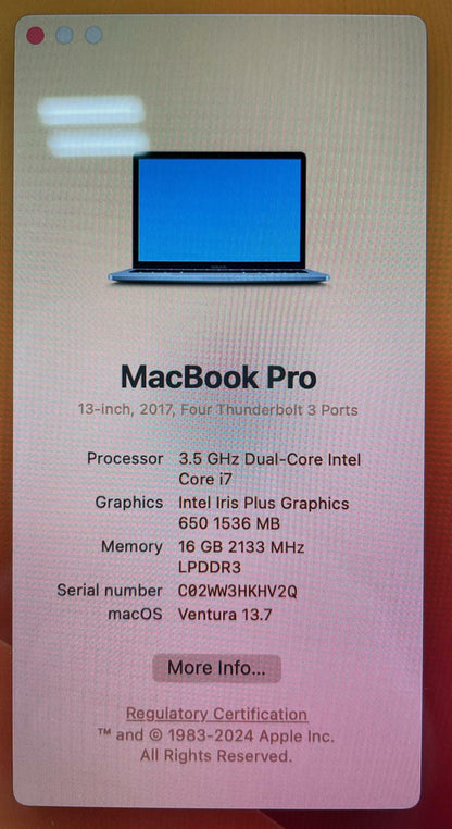 Apple MacBook Pro 2017 A1706 3.50GHz Dual i7-7567U 256GB SSD 16GB RAM #167305