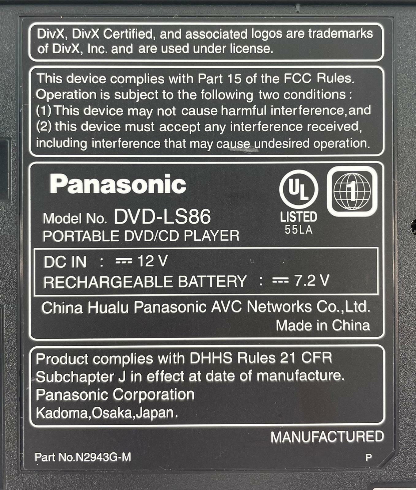 Panasonic Portable DVD Player w/ Chargers - Model DVD-LS86