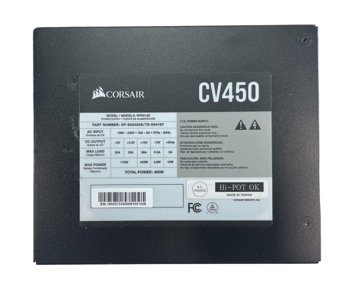 Corsair CV450 ATX Power Supply 450W Non-Modular CP-9020209 RPS0126 PSU