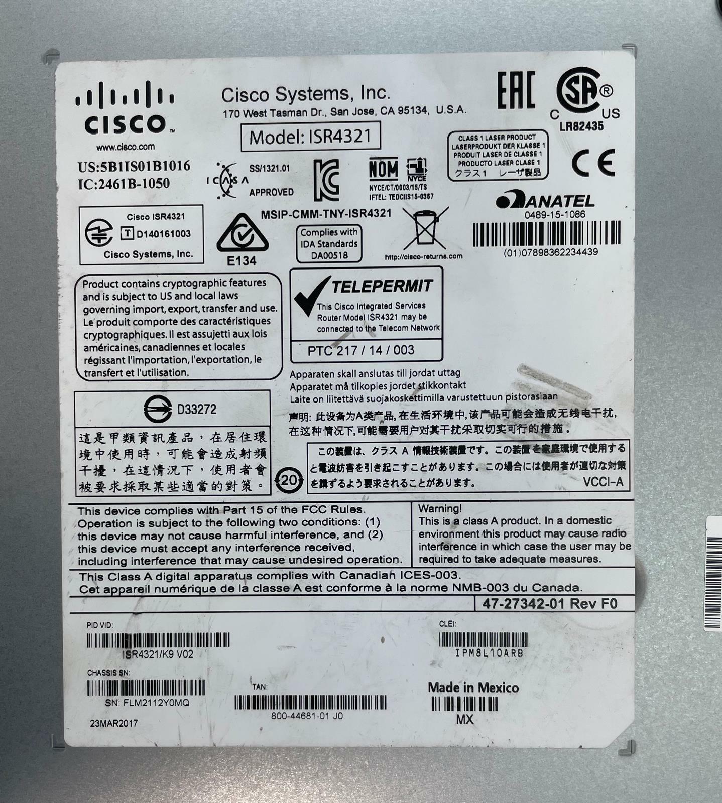 Cisco ISR4321/K9 V02 4300 Series Integrated Services Router - READ Faceplate