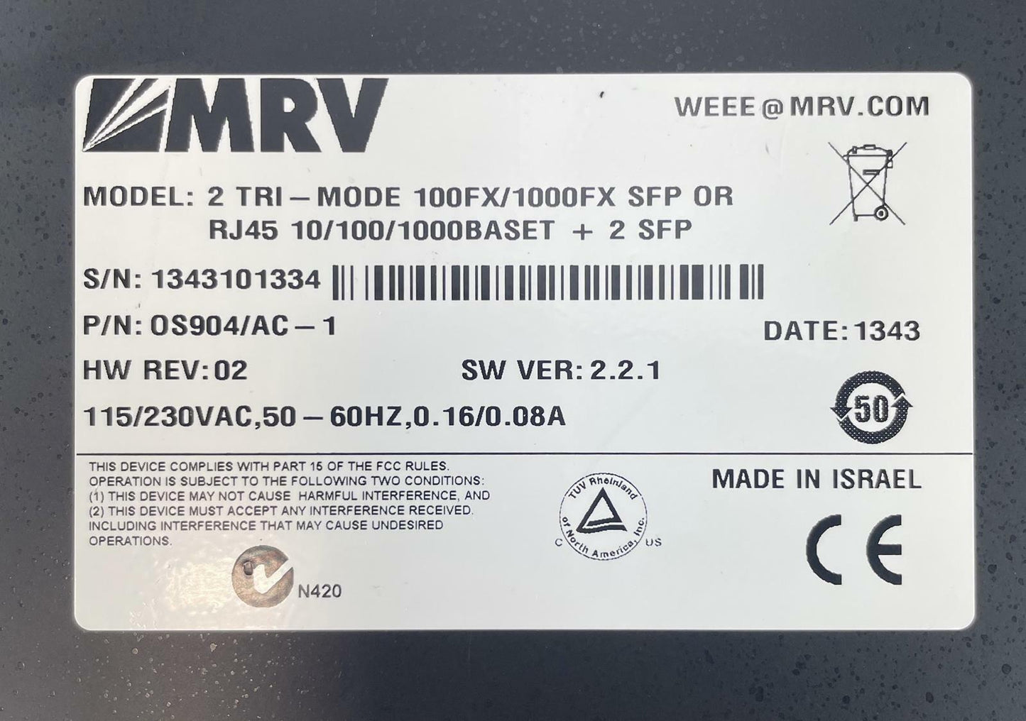 MRV 2 TRI-MODE 100FX/1000FX SFP RJ45 10/100/1000BASET + 2 SFP PN: OS904/AC-1