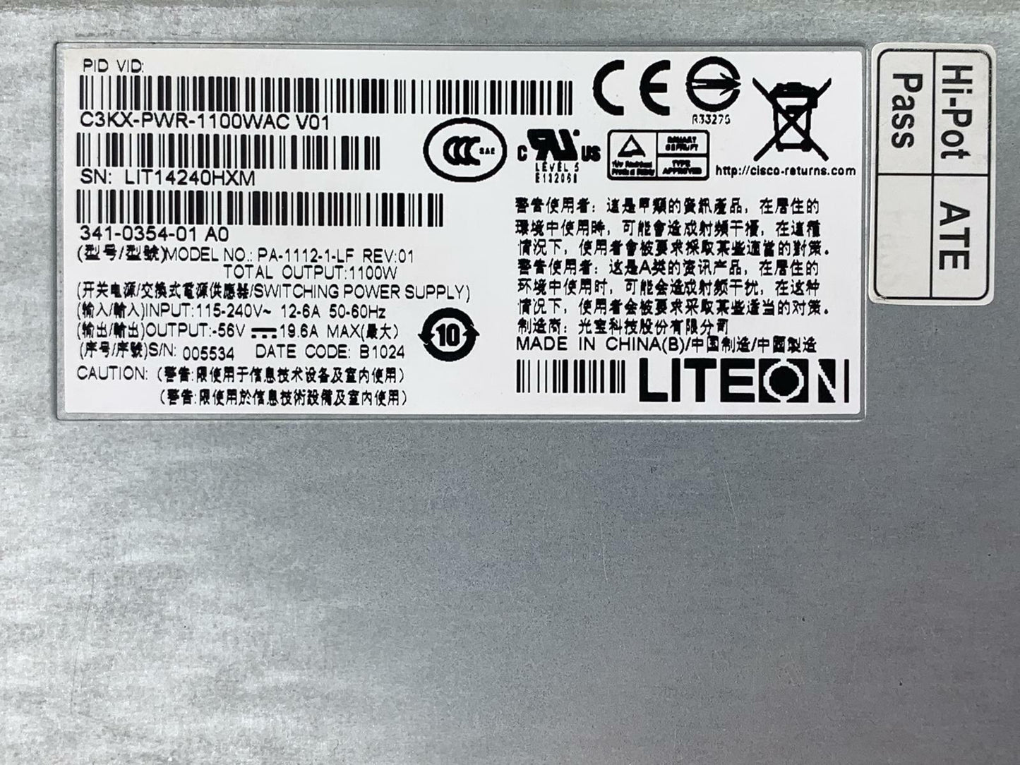 Cisco Catalyst C3KX-PWR-1100WAC V01 1100W AC Power Supply