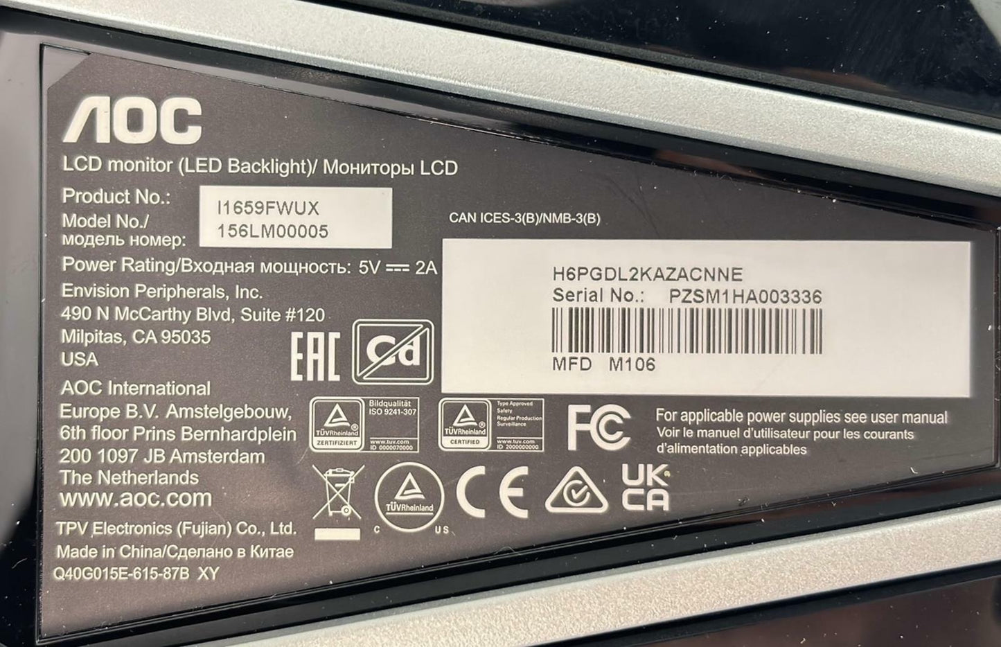 AOC 156LM00005 (l1659FWUX) 15.6" Slim Portable Monitor w/ Carry Case