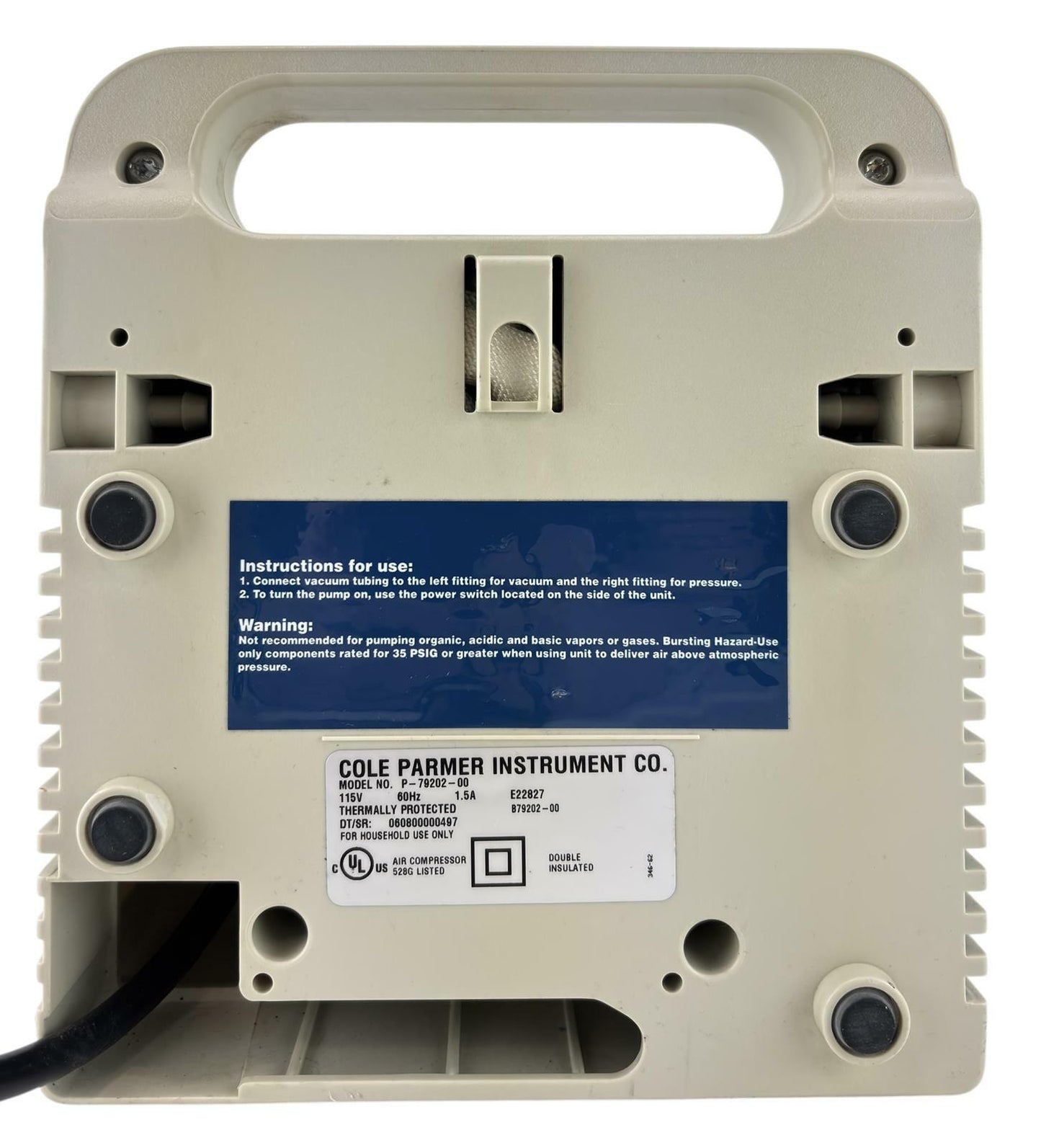 Cole-Palmer Air Admiral P-79202-00 Air Diaphragm Vacuum / Pressure Pump